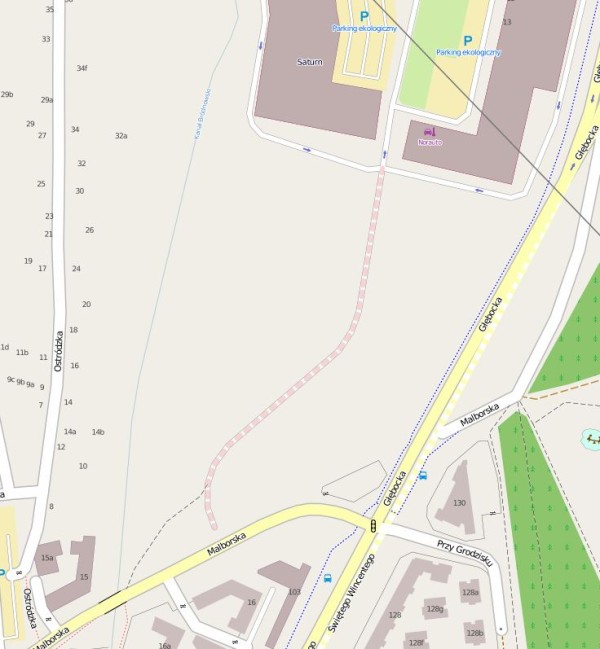 Osiedle powstanie na tym terenie. Na mapie widać drogę urywająca się tuż przed Malborską. Szkoła stanie w głębi działki, nad Kanałkiem. Oczywiście będzie do niej prowadziła nowa droga.  / Mapa - Open Street Map