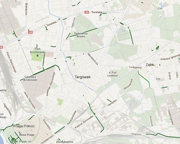 Ścieżki rowerowe na Targówku zaznaczono na zielono / Google Maps